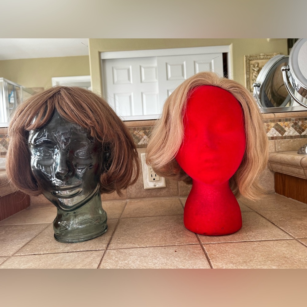 Human Hair wig (right side) modacrylic fiber (left) made in Korea